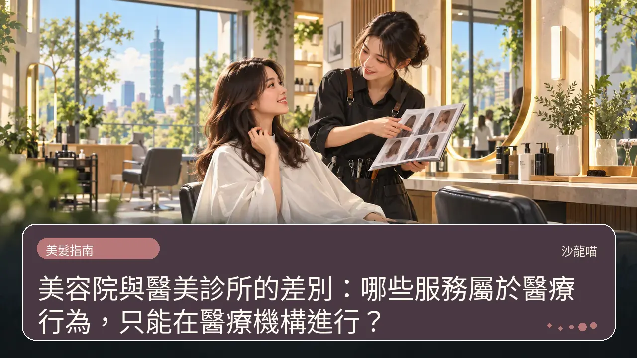 美容院與醫美診所的差別:哪些服務屬於醫療行為,只能在醫療機構進行?主題插畫